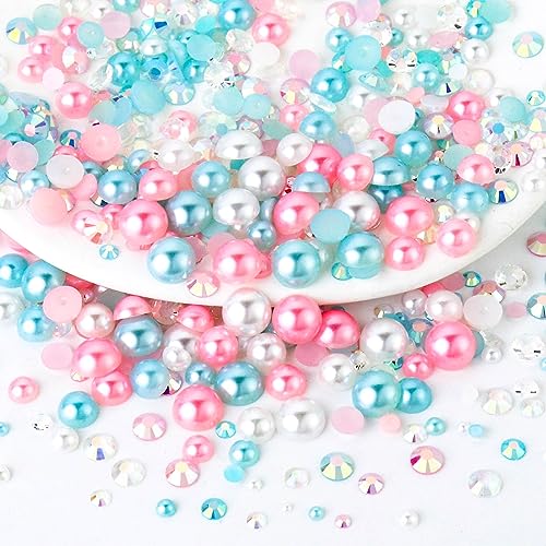 60g Mix Pearls and Rhinestones for Crafts, Flatback Rhinestones and Pearls for Tumblers Shoes Nails Face Art, Mixed Sizes 2mm-10mm, Aquamarine|Pink|White - color: Ice Cream Blend | Mix Aquamarine | Pink | White