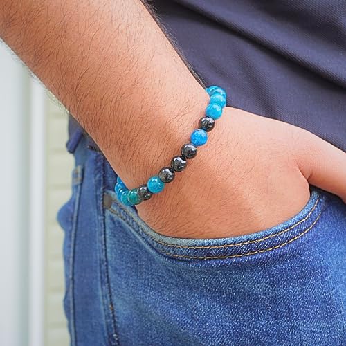 Black Obisidian Bracelets for Men 8" Inch Full Stretch Healing Crystal Bracelet, Beaded Charm Bracelet for Men Gifts Fathers Day Anniversary Birthday Gifts for Him - color: Hypersthene & Apatite Bracelets