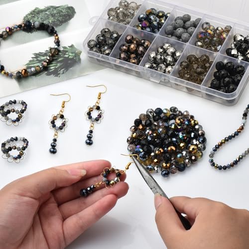 200pcs 8MM Faceted Rondelle Glass Beads for Jewelry Making, Briolette Crystal Glass Beads Plated Round Loose Spacer Beads for DIY Supplies Bracelets Necklaces Earrings (Black Grey) - color: Black Grey