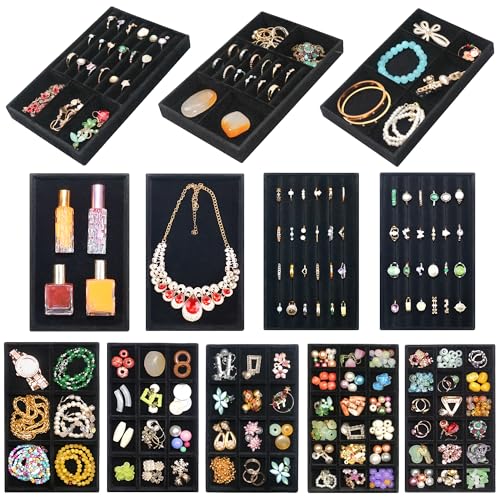 12 Pcs Velvet Jewelry Tray Stackable Jewellery Organier Trays Earrings Necklace Rings Storage Box Jewelry Drawer Display Case for Bracelet Earring Watch Accessories with Removable Dividers, Black - color: Black, size: 12 Pcs