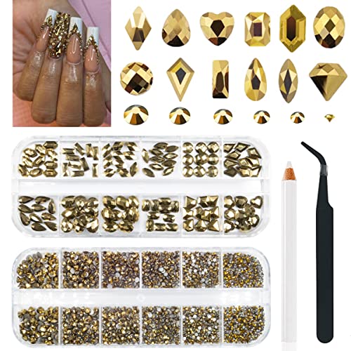 qiipii Old Golden Nail Rhinestones 120 Multi Shapes Flatback Gems K9 Glass Stones Metallic Gold Round Beads Diamonds Jewels Crystals w Pick Pen Charms for Nails Faces Eyes Makeup Crafts Clothes Shoes - color: Metallic Golden, size: A Set