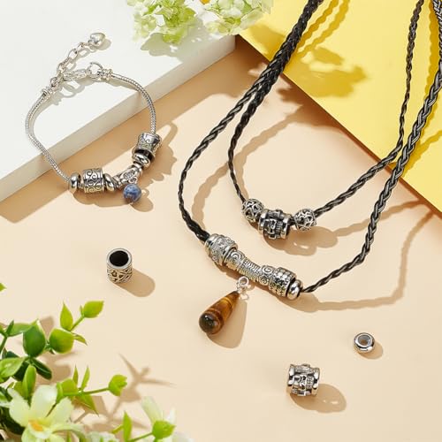 PH PandaHall 8 Styles 8mm Hole Column Beads, 304 Stainless Steel Spacer Beads Large Hole Beads Tube Lanyard Beads Tube Bead for DIY Bracelets Necklaces Jewelry Leather Craft Making, Antique Silver