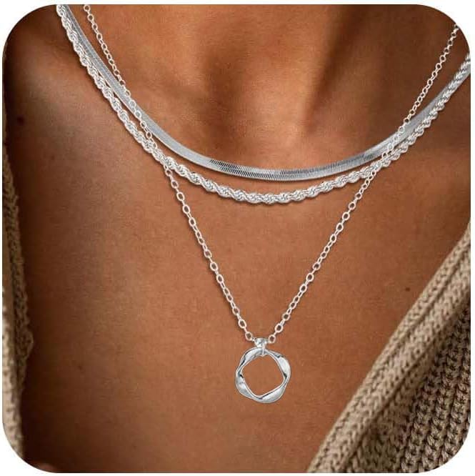 Evabelle Gold Layered Necklace for Women Trendy Jewelry 14K Real Gold Plated Chunky Chain Stackable Necklaces Dainty Choker Necklaces Rectangle Square Pendant