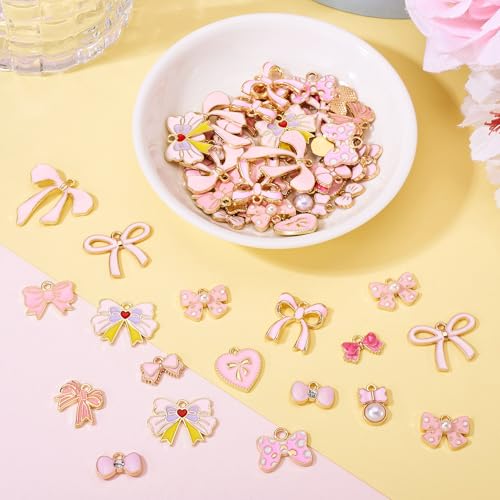 Craftdady Enamel Dangle Charms Pendant Food Animal Flower Cute Charms Colorful Metal Fruit Pendants Hang Ornament for Craft Bracelet Necklace Earring Key Chains Jewelry Making - color: Pink Bowknot