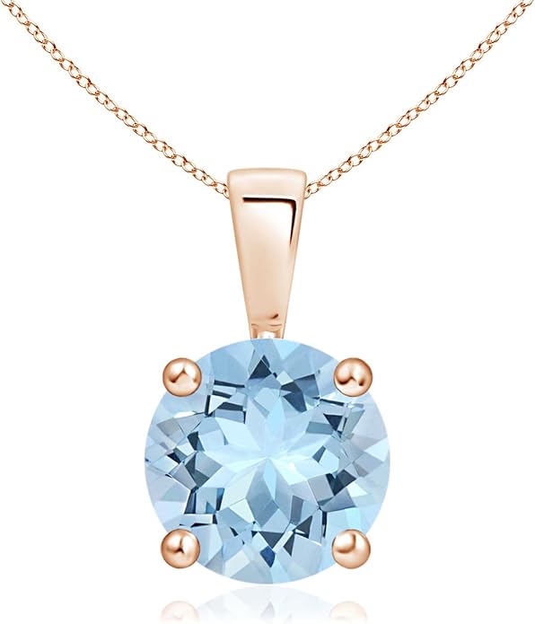 Angara Natural Aquamarine Solitaire Pendant for Women | Round Aquamarine Solitaire Pendant Necklace in 14K Solid Gold/Silver/Platinum With 18" Chain | March Birthday, Gemstone Jewelry Gift