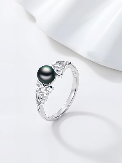 Tahitian Black Pearl AAAA 18K White Gold Plated Sterling Silver Rings for Women Wife Mom Girlfriend Valentine Her Jewelry Gift for Christmas Wedding Anniversary Birthday Graduation