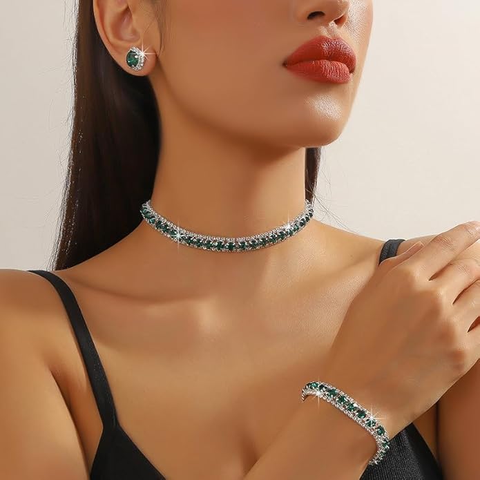 Women Rhinestone Crystal Jewelry Set Crystal Tennis Design Rhinestone Choker Necklace Link Bracelet Teardrop Earrings Set Wedding Bridal Bridesmaids Party