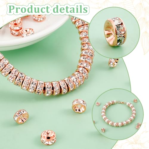 PH PandaHall 50pcs Rondelle Spacer Beads, 8mm Crystal Rhinestone Round Beads Sparkling Czech Rhinestone Loose Bead with 1.5mm Hole for Bracelet Necklace Earring Pendant Jewelry Craft, Rose Gold - color: Rose Gold, size: Diameter 8mm