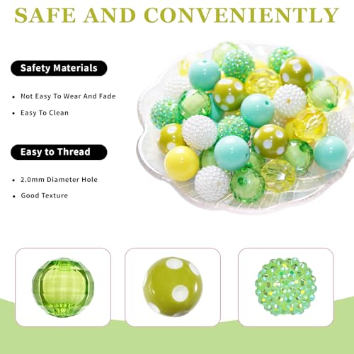 48 Pcs 20mm Beads for Pens Rhinestone Bubblegum Beads Mixed Crystal Acrylic Round Chunky Bead Sparkly Craft Large Balls Bead for Pen Beadable Keychain Bracelet Necklace DIY Jewelry Making Supplies - color: Green series