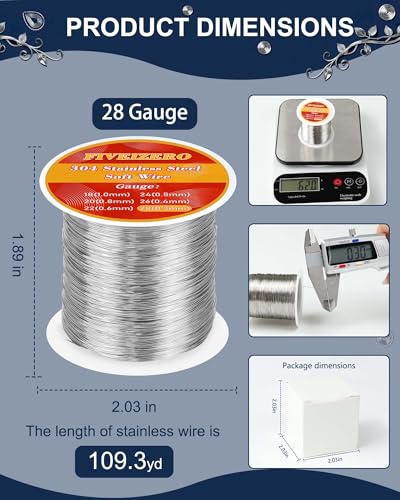 FIVEIZERO 28 Gauge 304 Stainless Steel Wire for Jewelry Making,109yd Stainless Steel Jewelry Wires Thin Metal Craft Wire for Necklace,Bracelet,Earring,Bead Stringing,DIY,Floral and Home Crafts - size: 28 Gauge