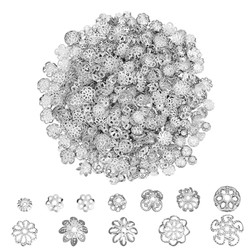 PH PandaHall 1440pcs 12 Styles Bead Caps, Bulk Silver Flower Spacer Beads Caps Metal Filigree Flower Spacer Beads Alloy Jewelry Bead End Cap for Bracelet Necklace Earrings Jewelry Making Supplies