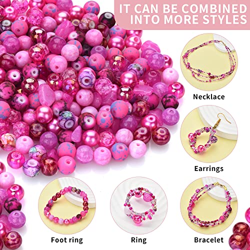 Rired 27 8mm Round Glass Beads Kit, Craft Beads for Bracelet Making, Hot Pink Color with 4mm Bicone Crystal Beads, 2-4mm Spacer Seed Beads for Jewelry Making, Necklace, Phone Charms, DIY Earrings - color: ROSE