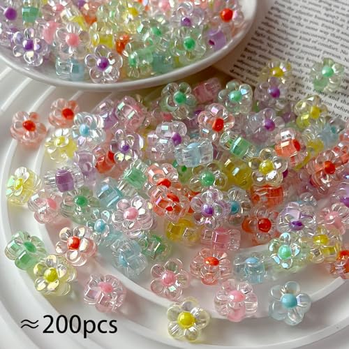 200pcs Ab Color Flower Bead Acrylic Colorful Beads Transparent Straight Hole Inner for DIY Jewelry Bracelet Necklace Phone Chain Keychain(ab Flower) - color: 200pcs-flower