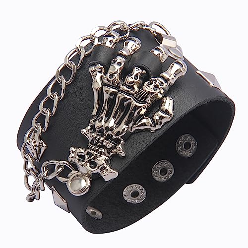 GelConnie Leather Cuff Bracelet Punk Braided Bracelets Rock Leather Wristbands Faux Mens Leather Bracelet Gothic Viking Bangle Adjustable Wrap Bracelet for Women,Men - color: Black Skull Leather Bracelets