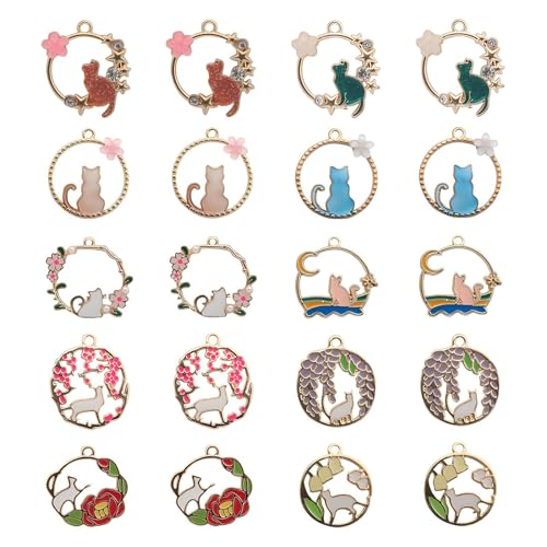 Bulk Gold Enamel Charms for Jewelry Making, Colorful Metal Charms Pendant for Bracelet Necklace and Crafting - color: Cat on Wreath2 White