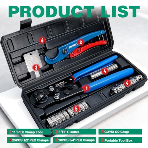 2 IN 1 Ratchet Pex Crimping Tool Cinch and Remove Combo Function Pex Pipe Crimp Tool from 3/8" to 1" Pex Crimper with Pex Cutter and Stainless Steel Pex Clamps 1/2" 25PCS, 3/4" 10PCS in Plastic Box - style: 2pcs Pex Tool Kit with Box