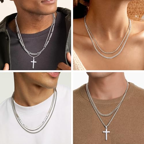 LOYALLOOK 6PCS Silver Chain for Men Women Stainless Steel Cross Chain Layered Cuban Link Figaro Snake Box Chain Cross Pendant Necklace 18-20IN/20-22IN - size: 20inch/22inch