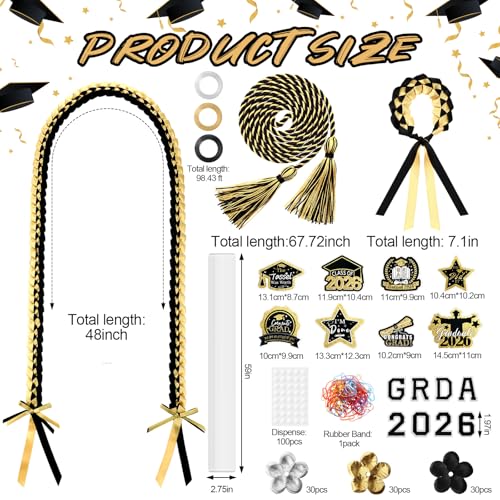 Graduation Candy Lei Making Kit Class of 2026 DIY Lei PE Bags Tubing Money Leis 2026 Graduation Ribbon Necklace Include 2 x 5 ft PE Bags 90 Pcs Flower Accessories for Grad Party Supplies (Gold, Black) - color: Gold, Black