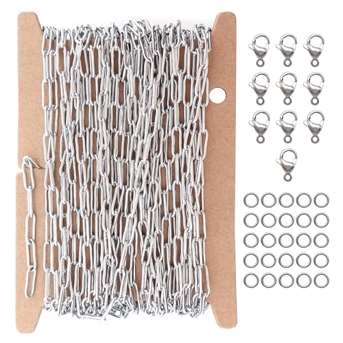 THREENEST 16.4-Feet 3mm Stainless Steel Paperclip Chains with 10 Lobster Claps+25 Jump Rings, Soldered Cable Long Craft Chain for Necklace Bracelet Earring Jewelry Making (Steel) - color: Stainless Steel, size: Width 3.0mm-16.4 Feet+10 Claps+25 Rings