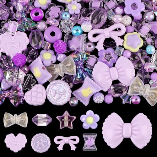 150PCS Acrylic Pastel Beads for Jewelry Making, Kalolary Colorful Bow Butterfly Flower Kawaii Plastic Candy Heart Cute Macaroon Aesthetic Beads for Bracelet Necklace DIY Supplies (Purple) - color: Purple