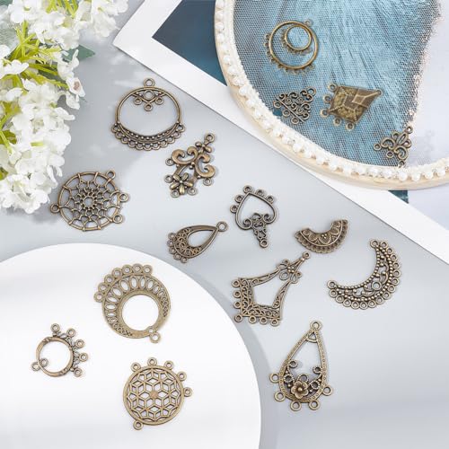 SUNNYCLUE 1 Box 64Pcs 16 Style Chandelier Connector Charms Component Connector Charm Tibetan Style Bronze Filigree Charms Findings Loops for Jewelry Making Earring Drop Women Adults DIY Crafts - color: 64pcs 16 Style Antique Bronze
