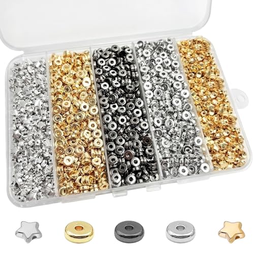 6mm Flat Round Spacer Beads, Clay Beads for Bracelets Making Kit, Heishi Polymer Flat Disc Spacer Beads for Jewelry Making, Clay Beads for Jewelry Making Gold Beads Silver (1700pcs（500star）) - color: 1700pcs（500star）