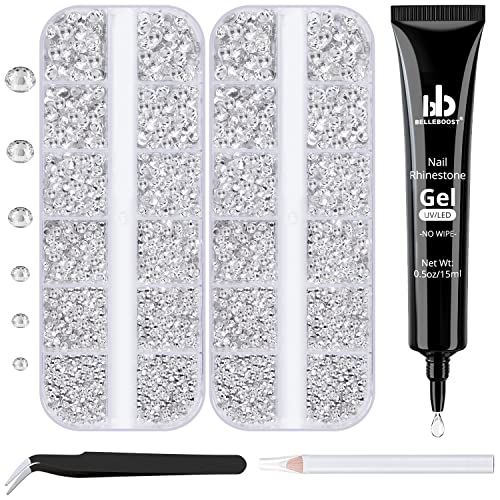 BELLEBOOST Nail Art Rhinestone Glue Gel&2 Boxes Flatback Gems Kit, 1 Tube of 15ml Rhinestone Gel Glue(UV/LED Needed)+Round Glass Crystal Clear Gemstones with Pickup Tools - color: A06-Clear+ Clear