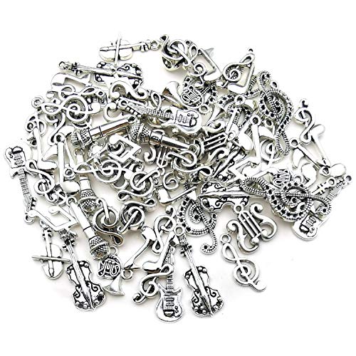 Youdiyla 70pcs Musical Symbol Charms Collection, BULK Music Notes Elements Guitar Violin Microphon Tape Horn Charms Metal Pendant Craft Supplies Findings for Jewelry Making-Silver HM211 - color: Silver Music Charms-70pcs