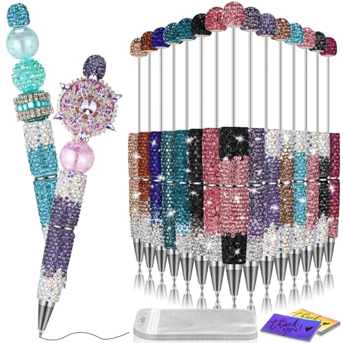 Tondiamo 45 Pcs Full Rhinestone Beadable Pens Bulk Set 15 Glitter Diamond Pens with Cards & Bags Fancy Beaded Pen for Beads DIY Cute Journalling Bling Ballpoint Craft Making(Gradient Diamonds) - style: Gradient Diamonds