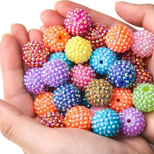 30PCS 20MM Bubblegum Beads for Pens, Mixed Color Rhinestones Disco Ball Chunky Large Acrylic Round Beads for Bag Focal Beadable Pen Keychain Making Jewelry Bracelet Making DIY Crafts - color: Rhinestones Beads