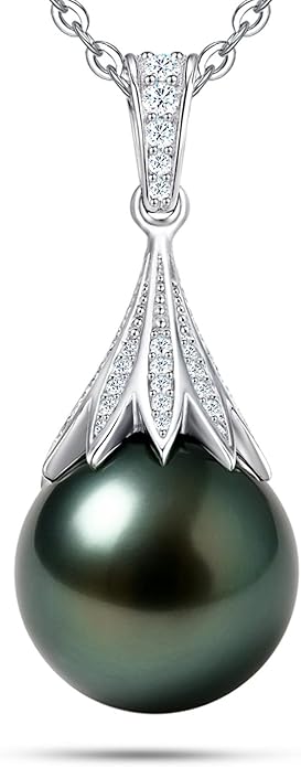 Genuine Tahitian Black Pearl Necklaces for Women, 9-12mm AAAA Seawater Pearl - Sterling Silver Moissanite Pendant, Wedding Anniversary, Birthday, Christmas Gift for Wife, Mom, Girlfriend, Fine Jewelry