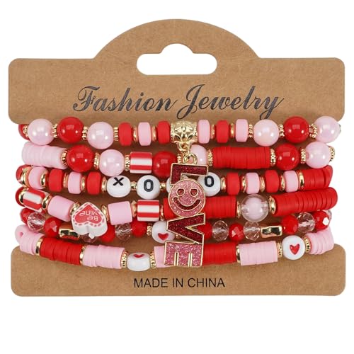 6PCS Valentine’s Day Clay Heishi Bracelet Set for Women- Red Pink Heart Love KISS XOXO Beaded Stretch Bracelets - Handmade Polymer Clay Crystal Glass Stackable Jewelry Gift for Galentine's Anniversary - color: LOVE-08