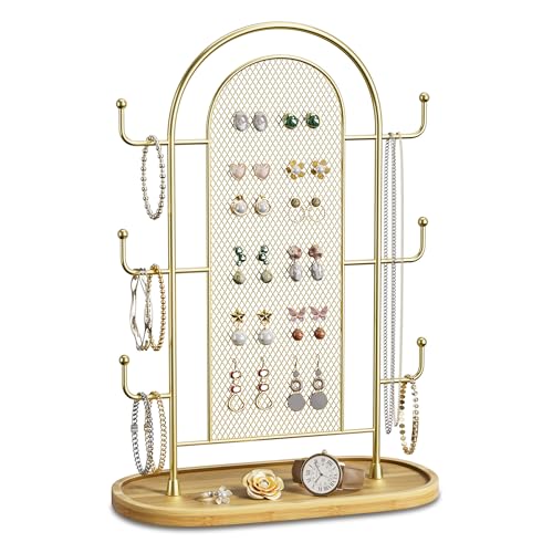 bussdis Jewelry Display Earring Stand Gold Organizer Earring StorageTree Jewelry Rack Towers with 6 Hooks 300 Stud Holes Wood Tray for Necklaces Bracelets Ring - color: Gold