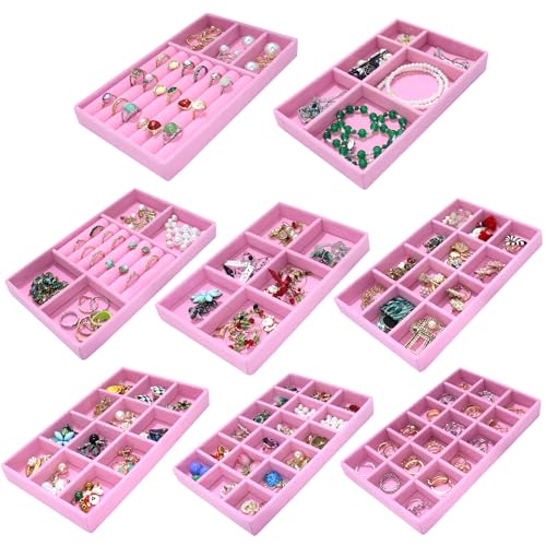 8 Pack Stackable Jewelry Trays Organizer Velvet Earring Organizer Jewelry Tray for Drawers Earring Holder Necklace Bracelet Ring Organizers - color: Pink, size: 8 Pcs