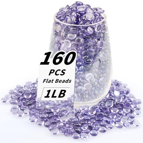 1 LB Purple Flat Glass Beads, 160-180PCS Small Glass Marbles, Mini Flat Round Pebbles for Vase Filler and Floral, Fish Tank Rocks Decorative Gemstones for Home and Aquarium Décor - color: Purple