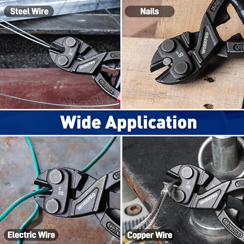 WORKPRO 8-inch Mini Bolt Cutter with Recess and Spring, Compact Bolt Cutters with Comfortable Soft Grip, Security Lock,CR-V Steel Blade for Wire, Cables, Chains, Small Screws