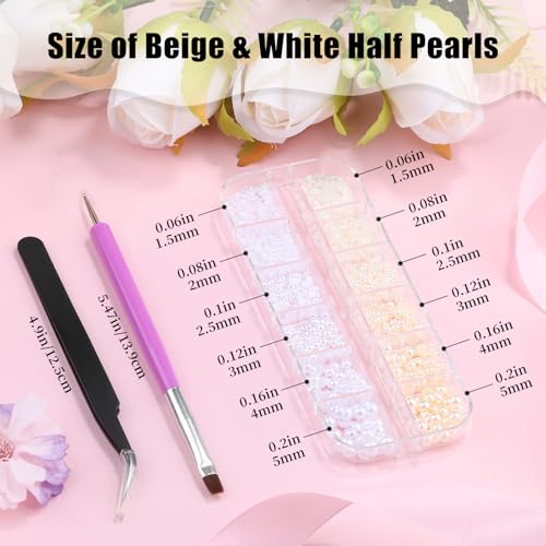 2100Pcs Flatback Nail Pearls Gems, 1.5-5mm White Beige Beads Half Round Nail Charms Beads with Pickup Pencil and Tweezers for Crafting Face Hair Manicure (11-K1-half-pearls-beige-white) - color: 11-K1-half-pearls-beige-white