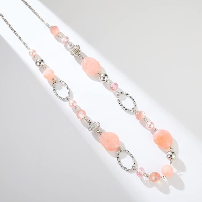 BULINLIN Beaded Long Necklace for Women Silver Sweater Chain Necklace with Crystal Resin Beads, Fashion Jewelry Necklace