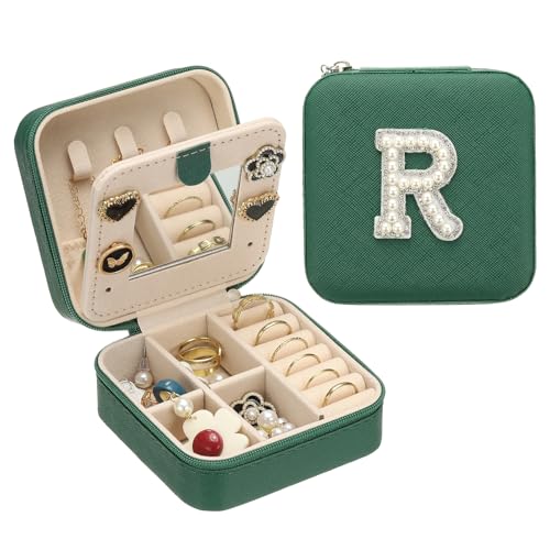 PATIKIL Travel Jewelry Case, R Initial Small Travel Jewelry Box Organizer Rings Earrings Storage Case Personalized Gifts for Women Girls Birthday Christmas Bridesmaid Gifts, Dark Green - style: R