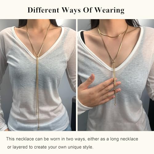 Gold Silver Necklace for Women Y Chain Adjustable Gold Long Necklaces Fashion Dainty Jewelry - color: gold C
