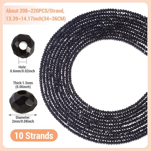 FASHEWELRY 10 Strands Briolette Crystal Glass Beads 2mm Rondelle Faceted Glass Spacer Beads for Necklace Bracelet Jewelry Making (Black) - color: Black, size: 2mm