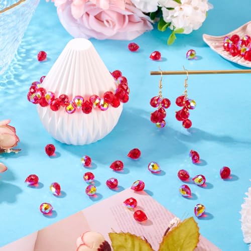 50Pcs Red Faceted Glass Teardrop Beads Electroplate Top Drilled Drop Loose Spacer Beads Transparent Crystal Water Drop Bead Teardrop Chandelier Charms for DIY Earring Bracelet Jewelry Making - color: Red