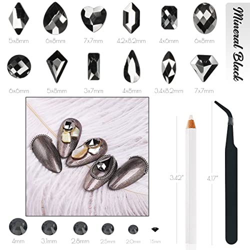 2630Pcs Mine Black Nail Rhinestones 120 Multi Shapes Metallic Black Big Gems Nail Charms +2510 Flatback Rhinestones Round Beads K9 Glass Stones Nail Art Diamonds jewels for Nails Eyes Makeup Crafts - color: Metallic Black, size: A Set