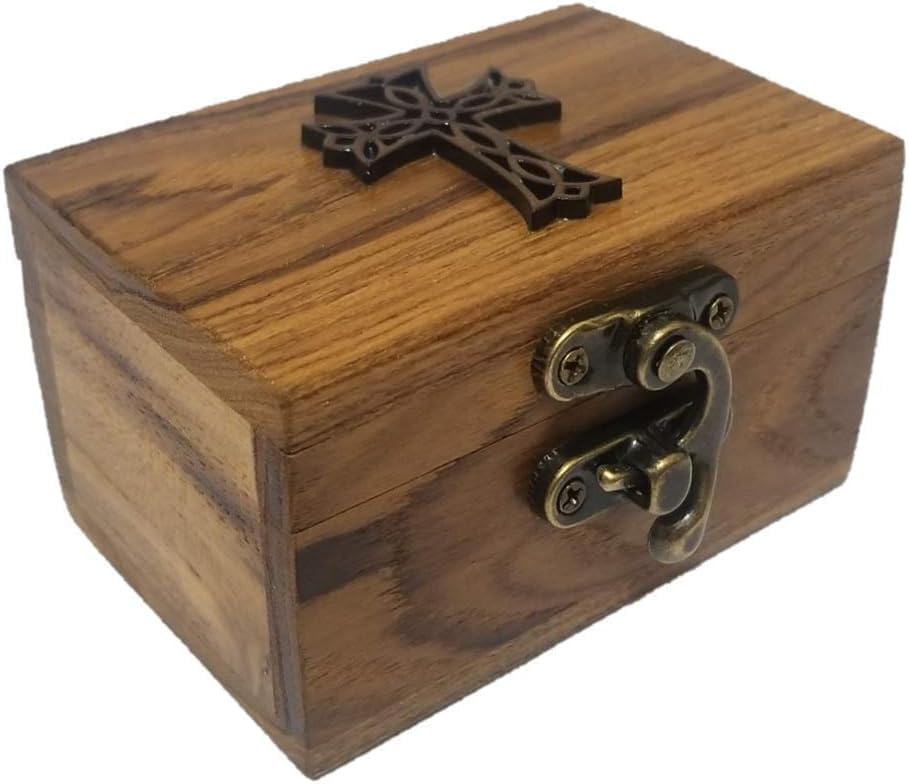 RK Collections Cross Rosary Box Made of Teak Wood | First Communion Jewelry Box | Trinket Box for Rosary Beads, Keepsakes, Small Jewelry and Mementos (5.75" x 4.75" x 2.5") - size: 5.75" X 4.75" X 2.5"