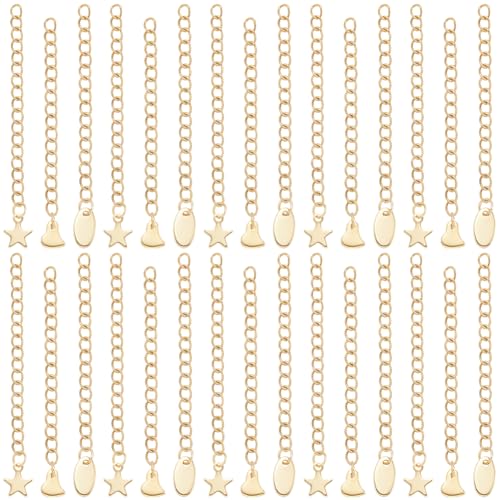 Beebeecraft 1 Box 30Pcs Gold Extender Chains 304 Stainless Steel Chain Extension with Heart Star Oval Charms Bracelet End Curb Chain Extenders for Jewelry Making Bracelets Supplies DIY Craft (58~68mm) - color: Gold-mix Flat