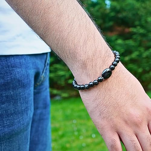 Black Obisidian Bracelets for Men 8" Inch Full Stretch Healing Crystal Bracelet, Beaded Charm Bracelet for Men Gifts Fathers Day Anniversary Birthday Gifts for Him - color: Black Obsidian & Black Onyx Charm Bracelets