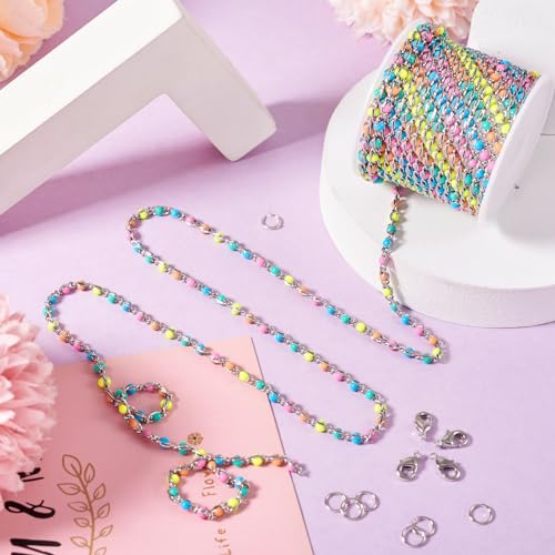 KISSITTY 9.84 Feet Stainless Steel Link Chains Enamel Bead Necklace Bracelet Unwelded Chain Jewelry Making Kit for Women Choker Anklet DIY Clothes Decor Crafts Making with Clasps Jump Rings