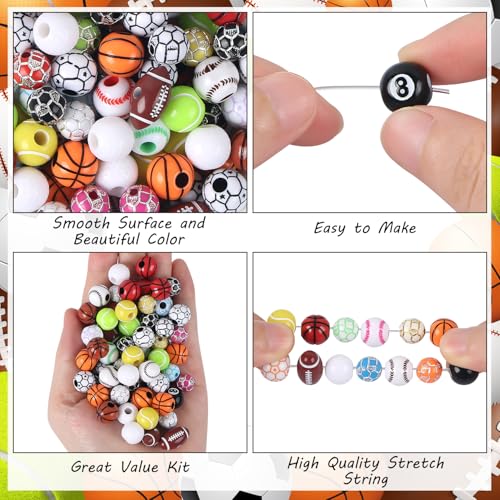 100 Pcs Sports Ball Beads Bulk with 5.5 Yard Elastic Rope,Acrylic Softball American Football Basketball Volleyball Baseball Tennis Beads for DIY Bracelet Necklace Keychain Jewelry Making Accessories - color: Mixed
