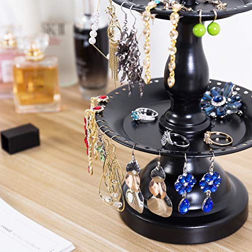 MyGift Earring Storage Rack Organizer, Metal Jewelry Tree, Necklace and Bracelet Hanger with Wooden Ring Tray Trinket Holder - Holds 68 Pairs of Earrings (Black-2-Tier) - color: Black-2-Tier