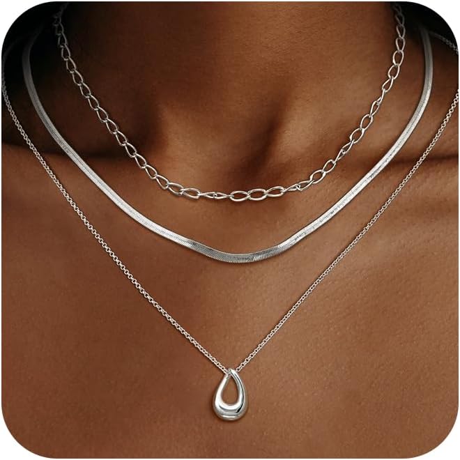 NECOCY Valentine's Day Gift 14k Gold/Silver Plated Layered Gold Necklaces for Women, 3Pcs Dainty Herringbone Choker Set, Trendy Stack Simple Chain Layering Pendant Jewelry